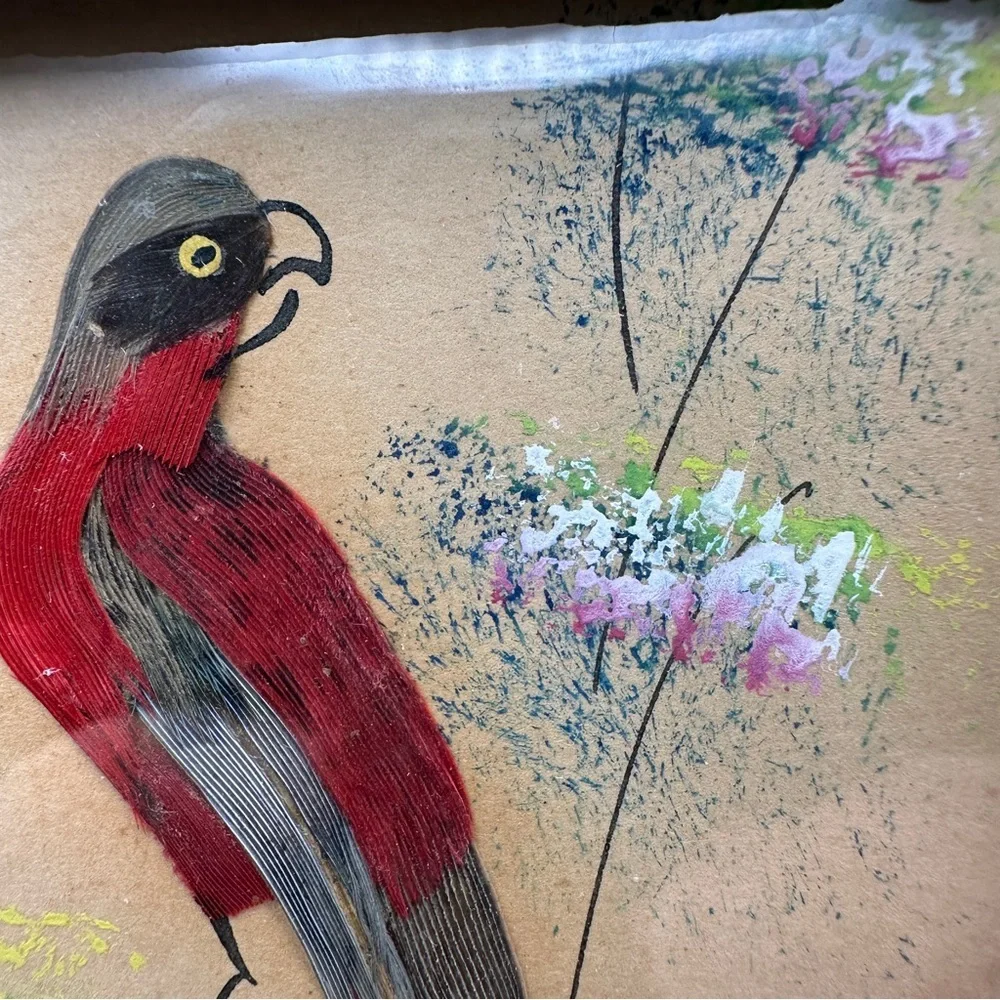 Vibrant Vintage Mexican Folk Art Feather Craft Red Bird Picture Carved Frame - Picture 5 of 16